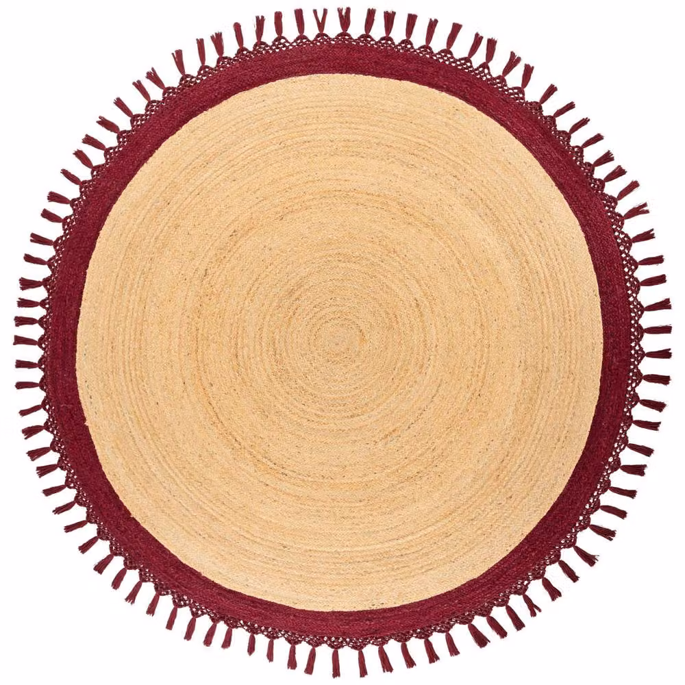 Wyld and Coco Round Jute and Cotton Braided Boho Rug in Beige and Red with Spiral Design, Diameter: 200 cm – 2