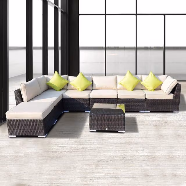Outsunny 8 Piece Modern Rattan Garden Furniture Set in Brown and Grey with Aluminium and Glass Details