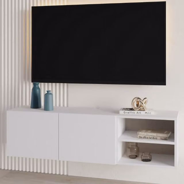 Decortie Modern Floating TV Stand for 50 Inch TVs in White Matt Wood Composite
