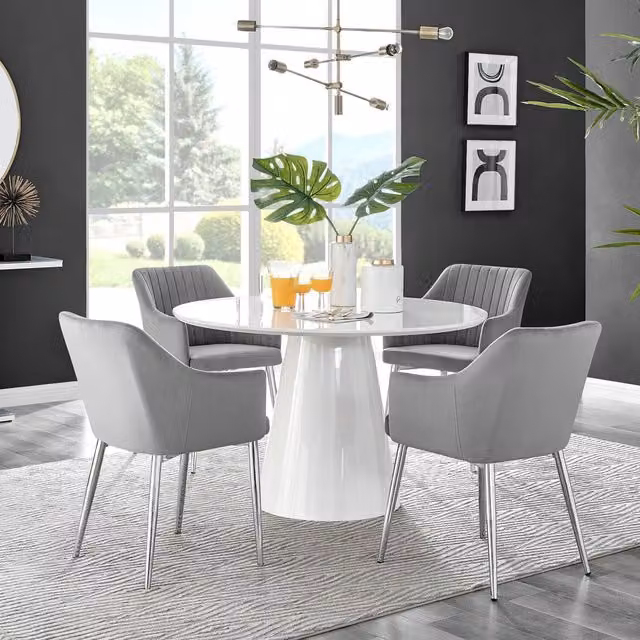 FurnitureboxUK Palma White High Gloss Round Dining Table and 4 Calla Grey Velvet Chairs with Silver Legs