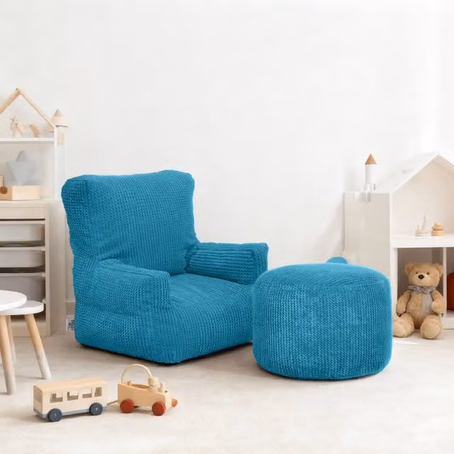 Ready Steady Bed Kids Corduroy Bean Bag and Footstool Set in Petrol