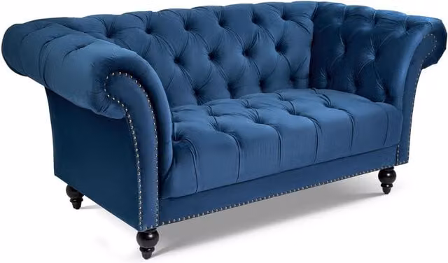 Bravich Chesterfield Rolled Arm Velvet Sofa in Blue