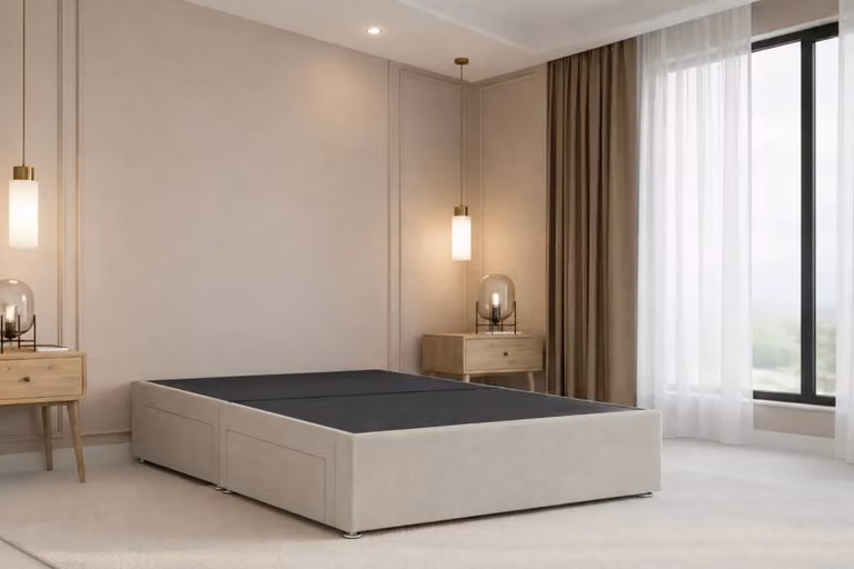 Nexus Mattresses Ltd Kyoto Plush Sprung Divan Set with 26 inch Headboard, No Drawers, Beige, W/D/H: 120 x 200 cm