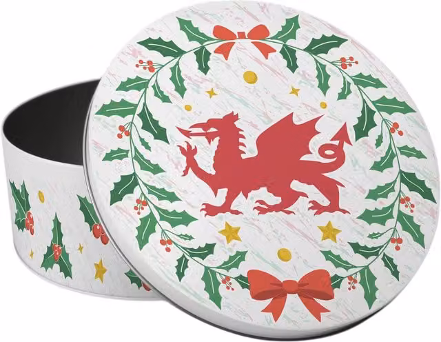Purely Home Round Welsh Dragon Small Christmas Cake Tin in Multicoloured Red and Green