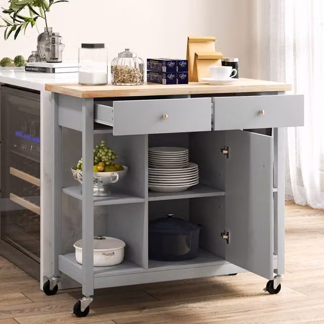 Costway Grey Kitchen Trolley Cart with Rubberwood Top and Cabinet – 1
