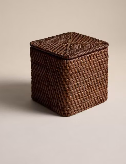 M&S Brown Rattan Open Weave Cube Storage Box with Lid