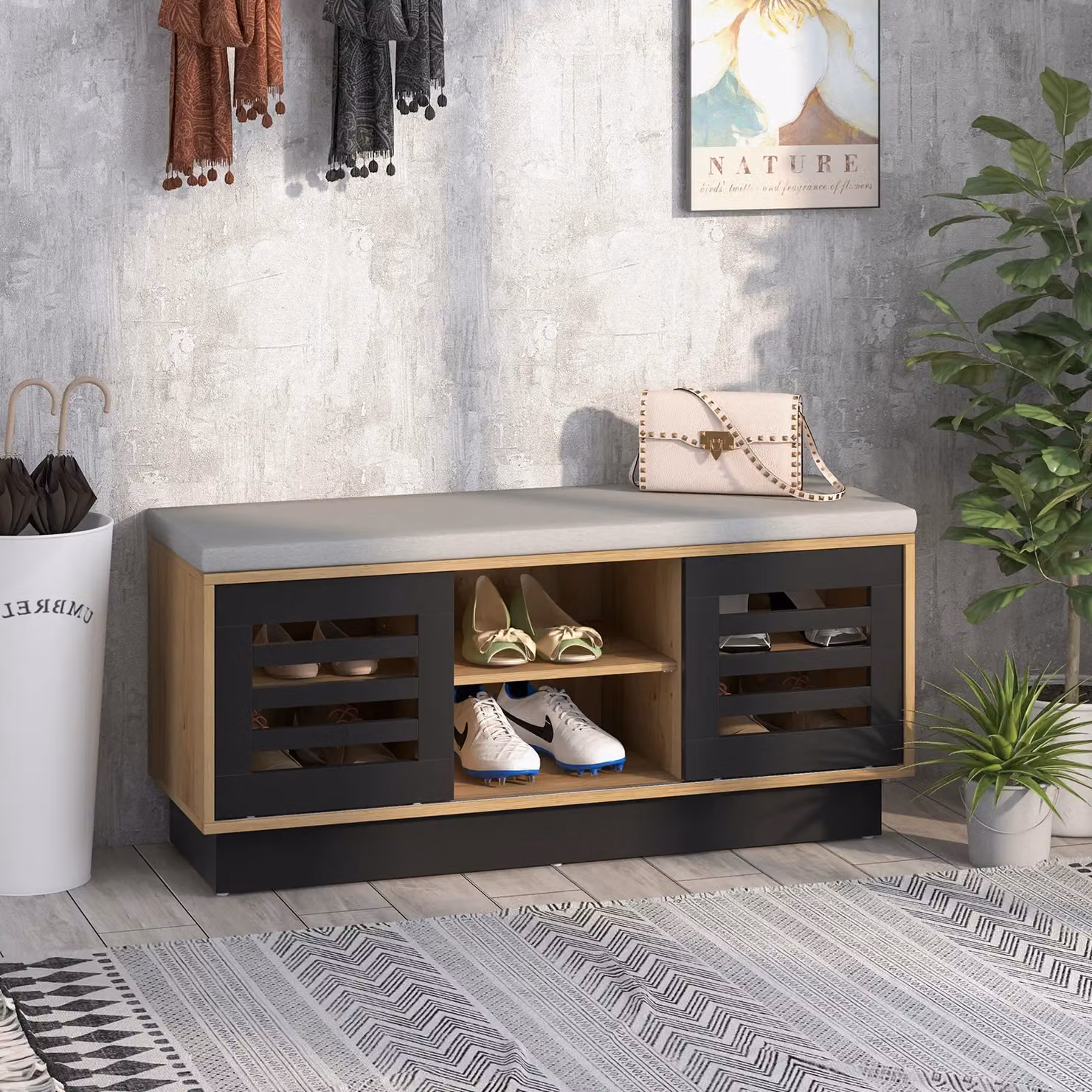 Costway Shoe Rack Storage Bench Organizer with Cushion and Adjustable Shelf, Natural Brown – 3