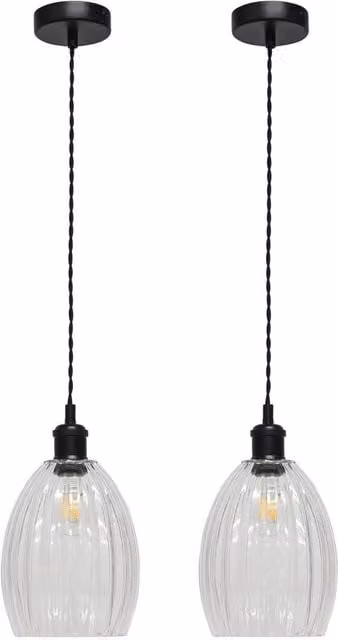 First Choice Lighting Birch Set of 2 Retro Pendant Fittings with Transparent Fluted Glass and Black Metal, Height Adjustable – 1