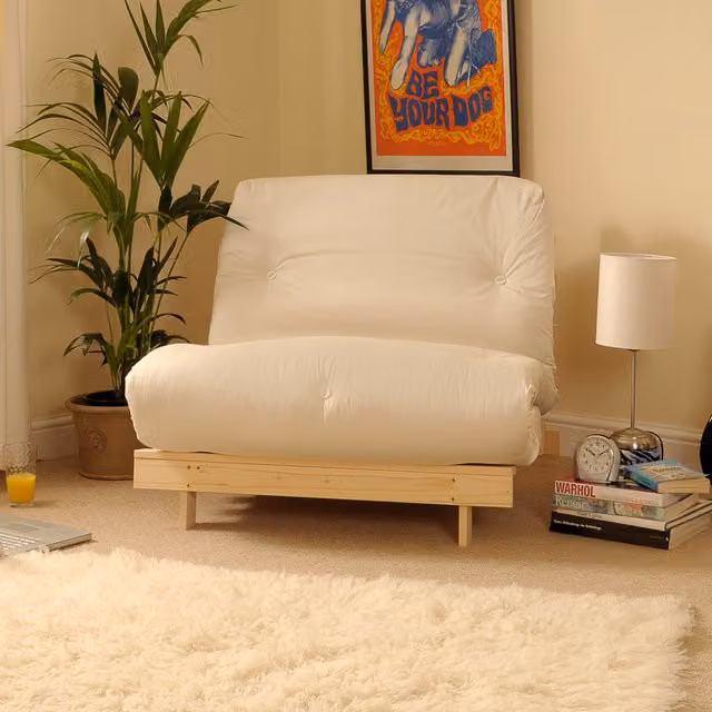 Cloud Nine Beige and White Cotton Futon Sofa Bed with Solid Pine Wood Frame, W/D/H: 90 x 200 cm