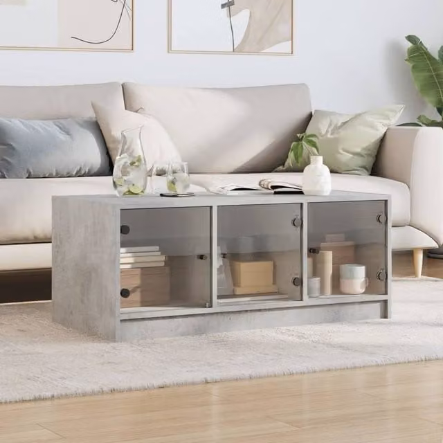 Berkfield Home Modern Rectangular Coffee Table with Glass Doors in Concrete Grey, W/D/H: 102 x 50 x 42 cm