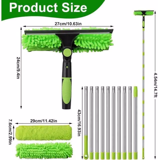 FLAVORA Green Telescopic Extendable Window Cleaner Squeegee with Microfibre Head – 1