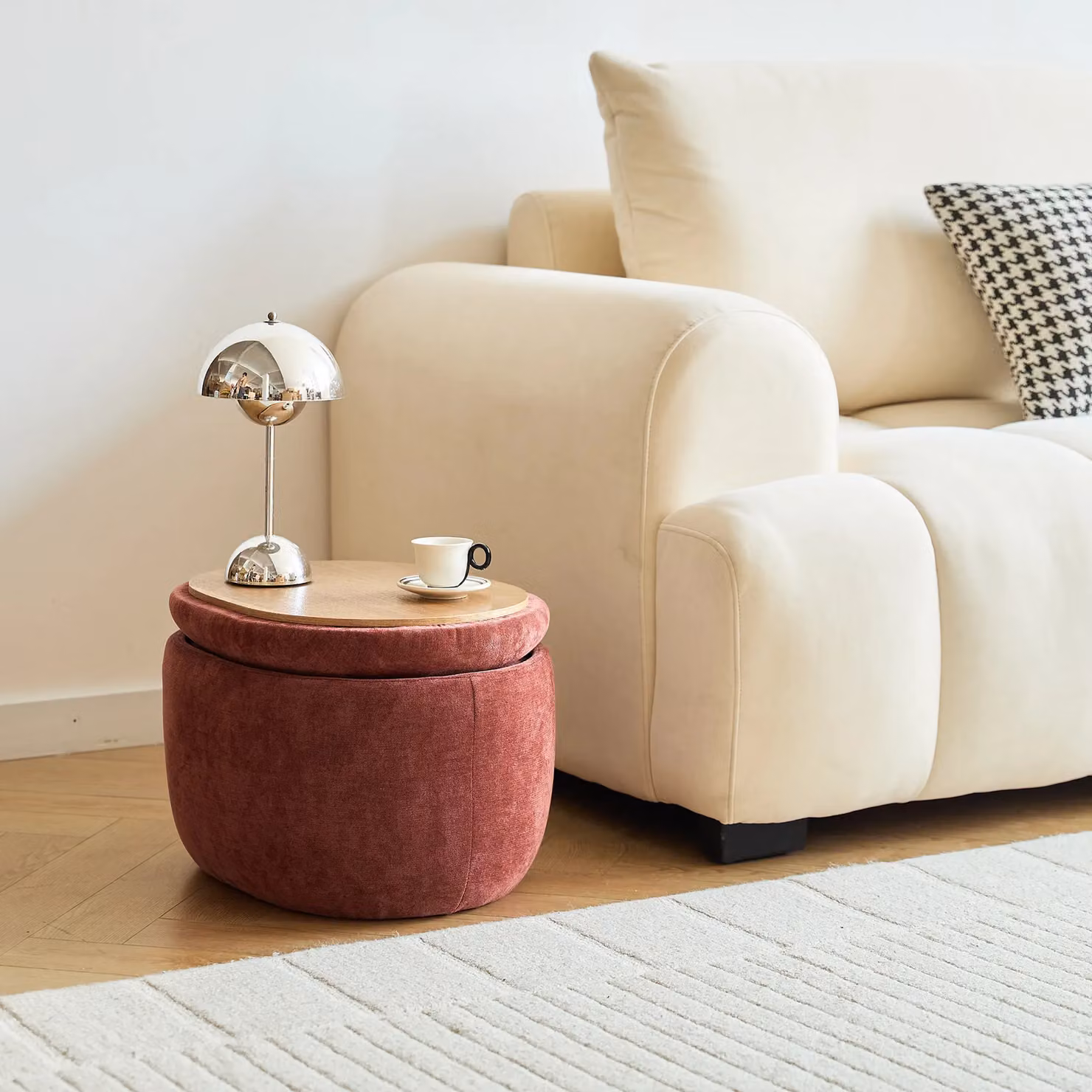 Nordlys Red Fabric Scandinavian Style Cylindrical Coffee Table with Storage and Wood Frame – 2