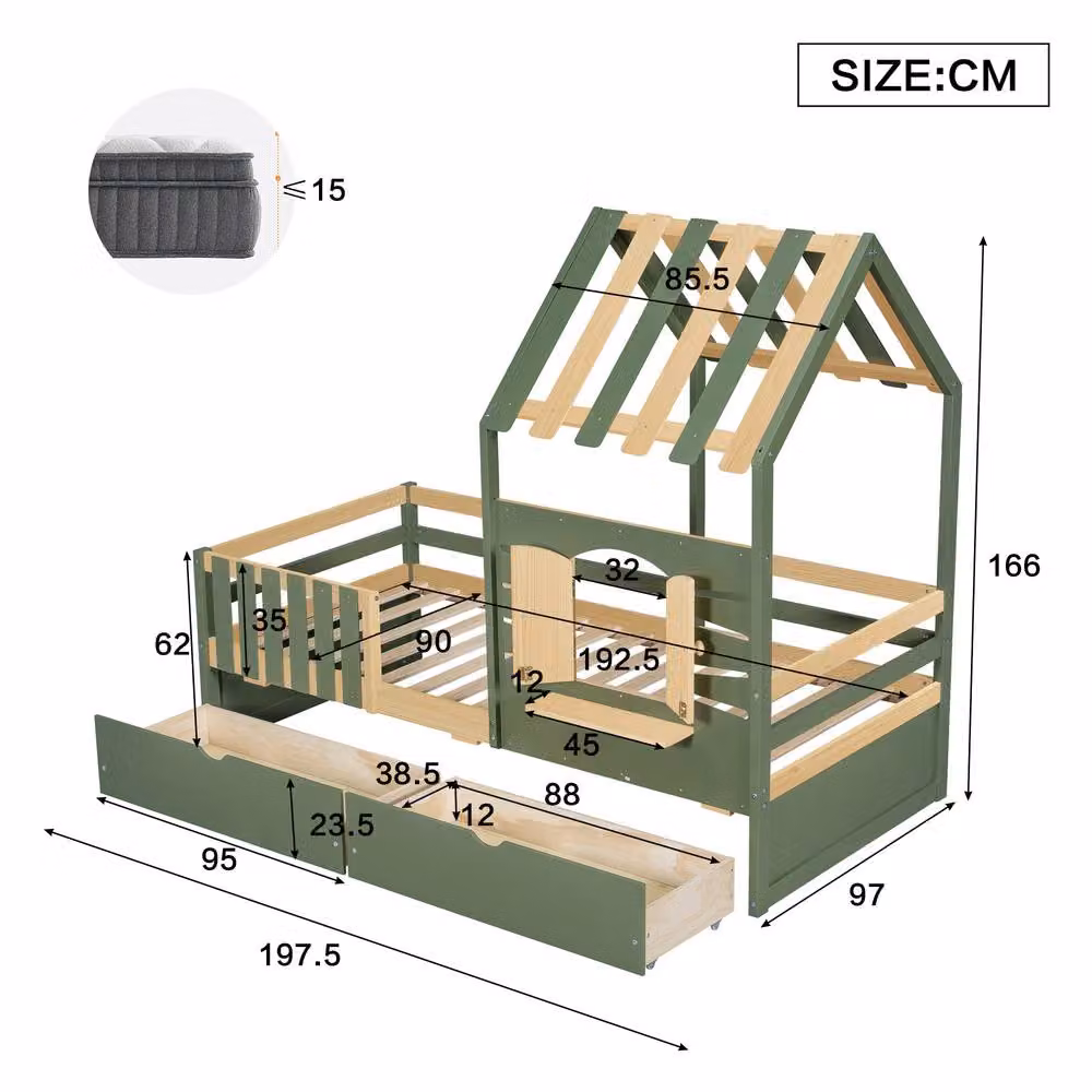 ModernLuxe Wooden Kids Single Bed with House-Shaped Headboard and 2 Drawers, Green, W/D/H: 90 x 190 x 166 cm – 3