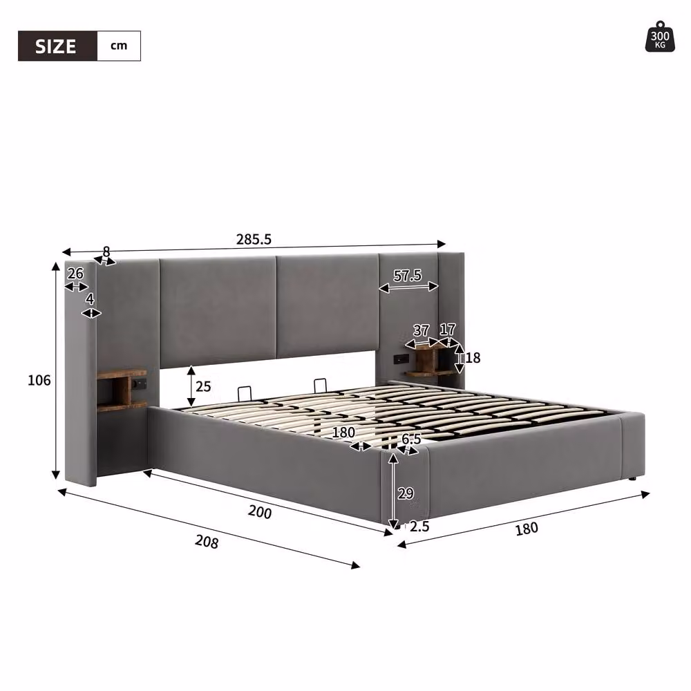 Merax Super King Grey Velvet Upholstered Ottoman Bed with USB Winged Headboard and Nightstands – 3