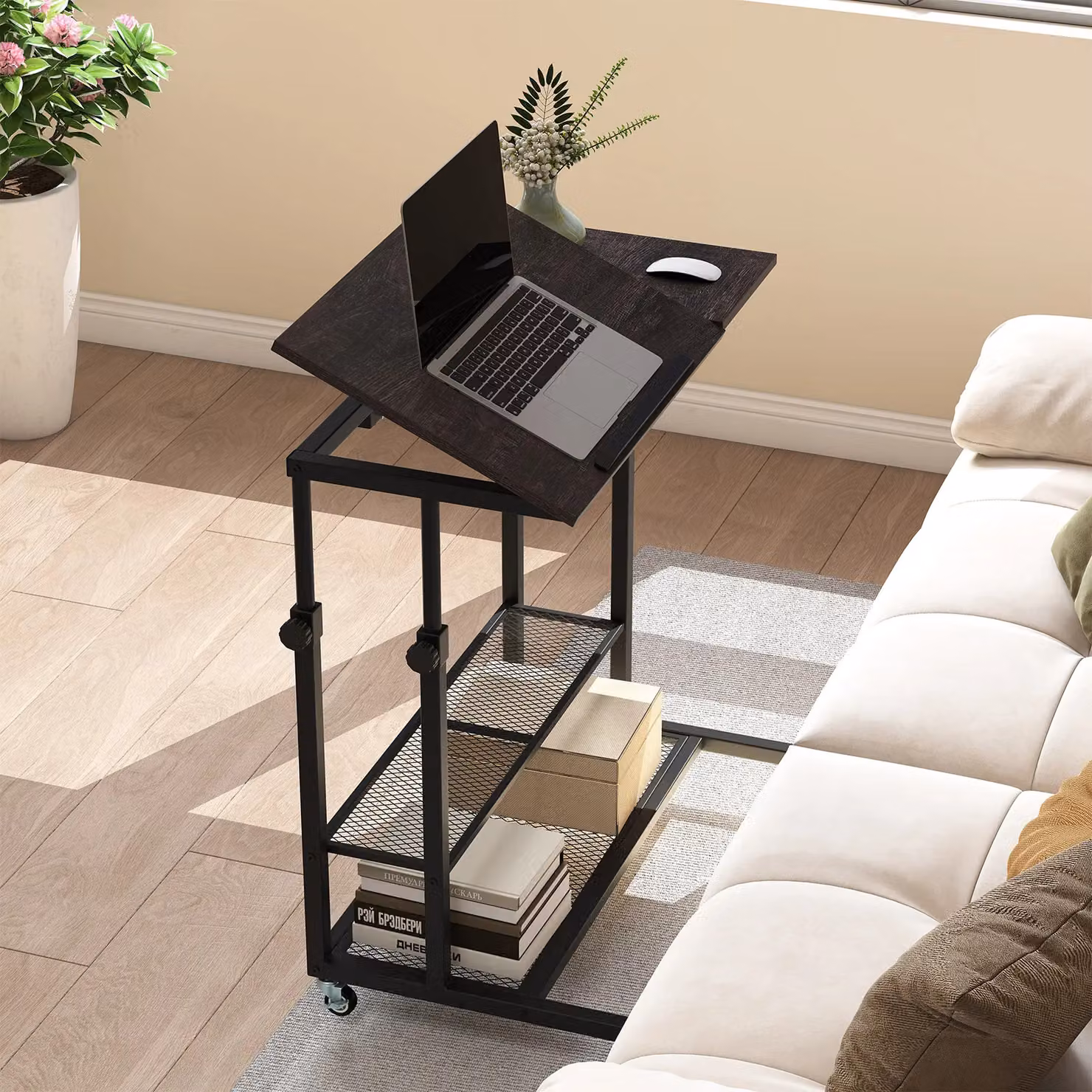 Costway Height Adjustable Mobile Sit Stand Desk with Tilting Top and Castors in Black – 3