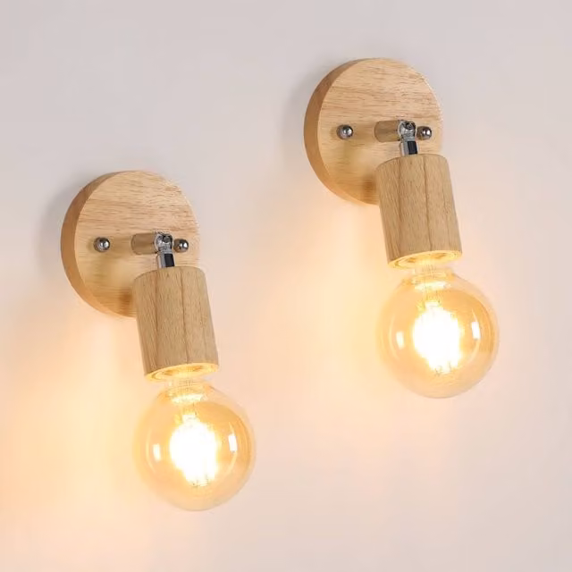 Pheashine Two-Pack Modern Wooden Wall Lamps in Light Brown with E27 Bulbs Included – 1
