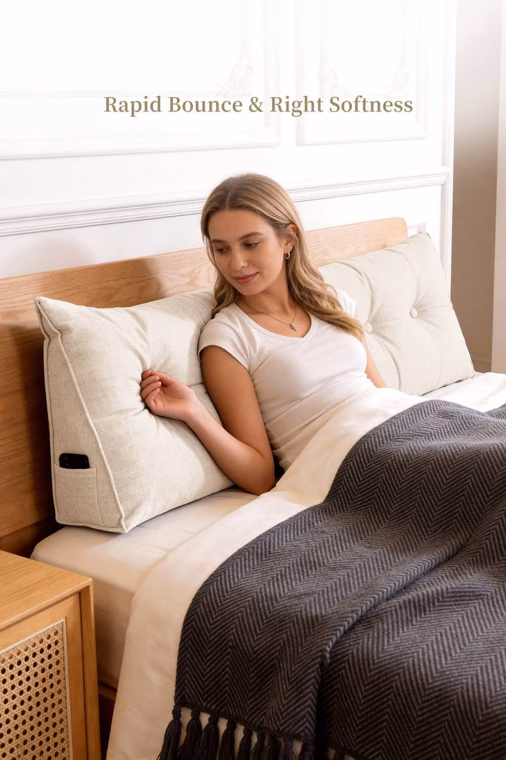 Living and Home Multifunctional Wedge Headboard Pillow with Side Pocket in Beige, Medium – 3