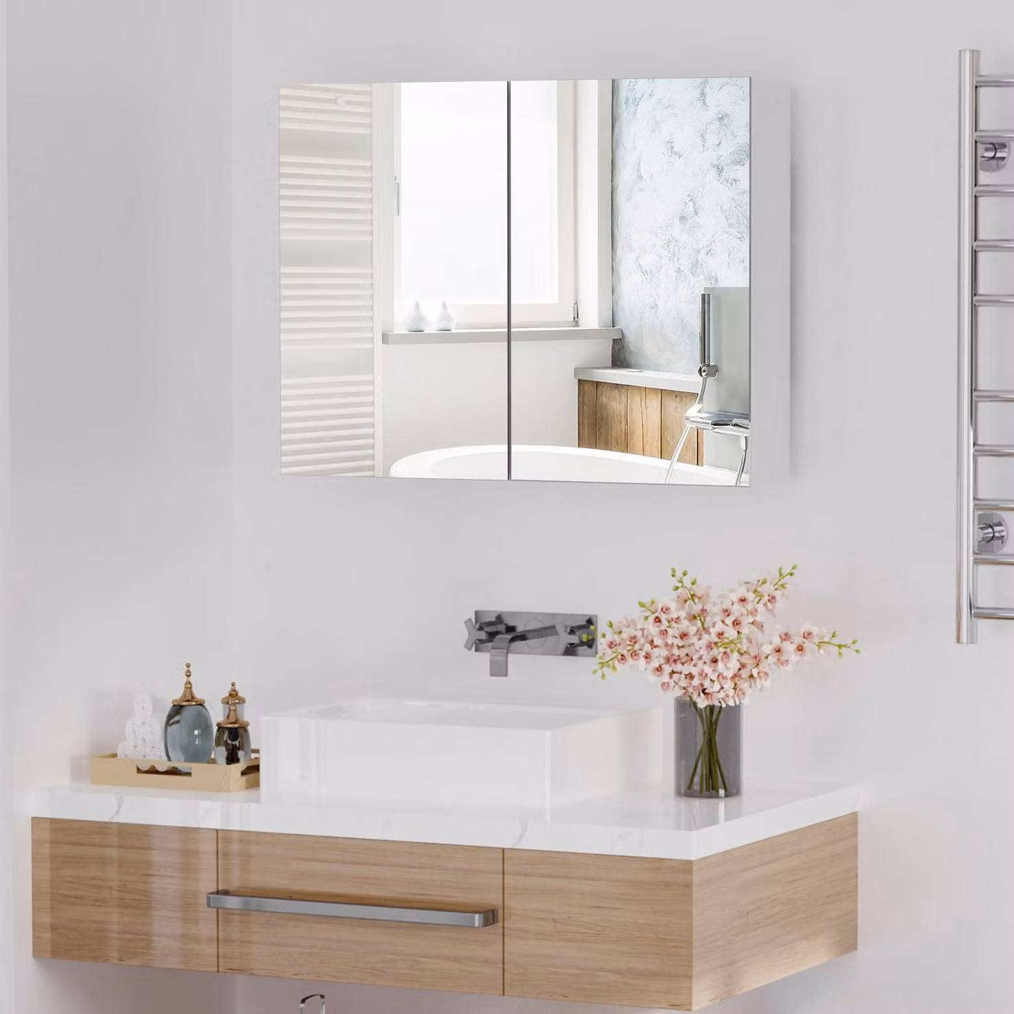 HOMCOM White Wall Mounted Bathroom Mirror with Storage and 2 Adjustable Shelves