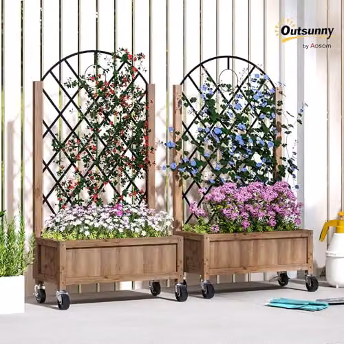 Outsunny Wooden Raised Garden Bed with Metal Trellis for Climbers, Pack of 2, Brown – 2