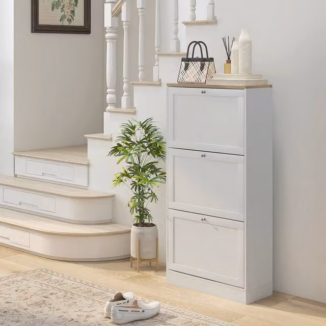 HOMCOM Modern White Narrow Shoe Cabinet with 3 Tilting Flip Doors
