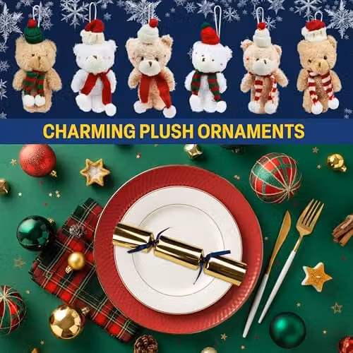 KreativeKraft Set of 6 Luxury Gold Plush Animal Christmas Crackers and Hanging Tree Ornaments – 9