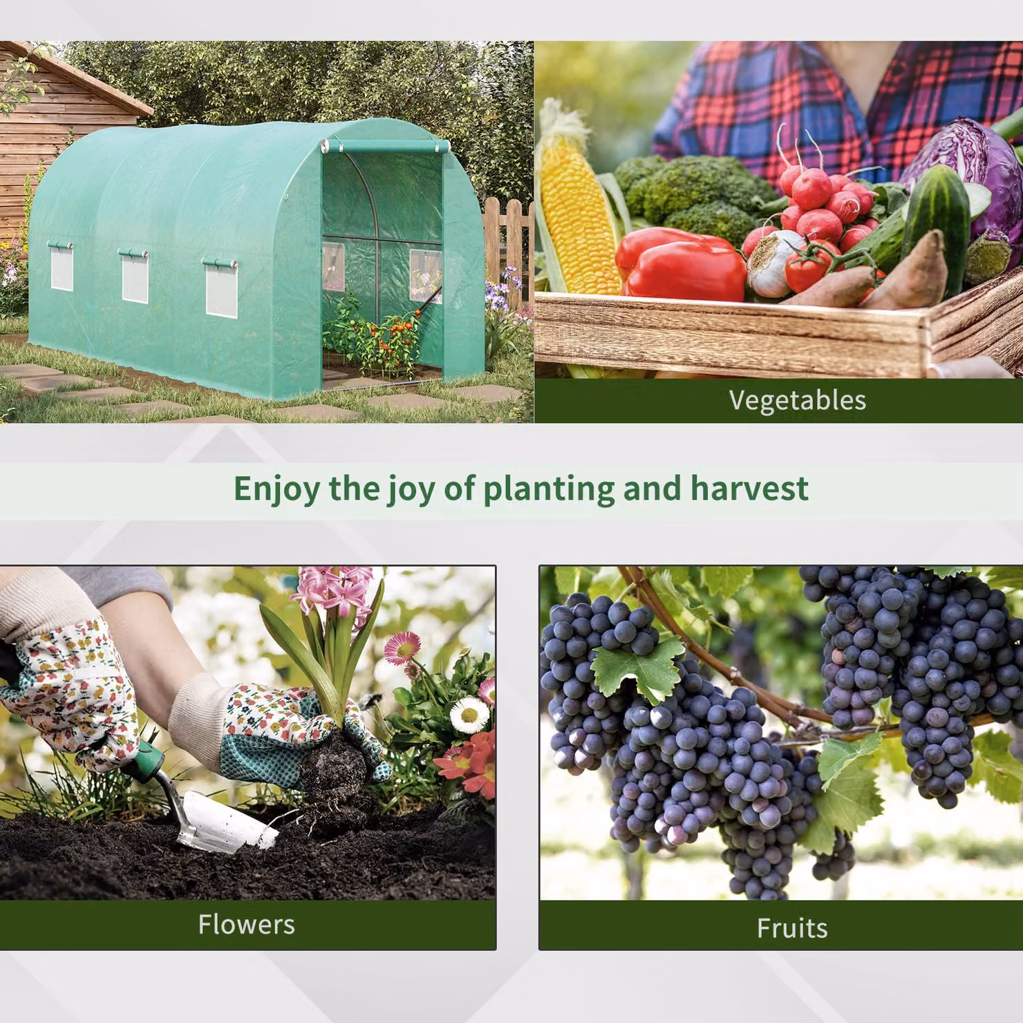Outsunny Green Polytunnel Greenhouse with Galvanised Steel Frame and Zipped Door for Flowers and Vegetables, W: 4 m, D: 2 m, H: 2 m – 4