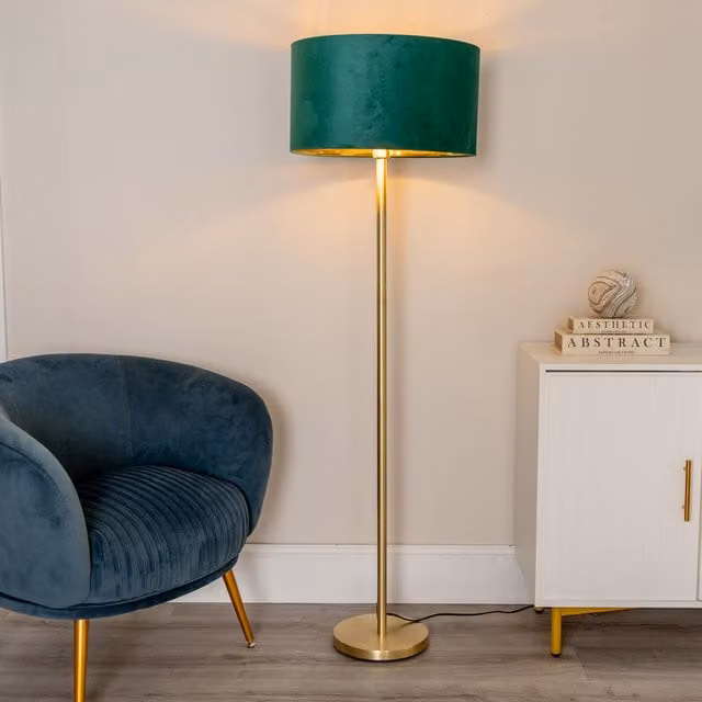 ValueLights Charlie Floor Lamp with Green Fabric Shade and Gold Metal Base including Bulb