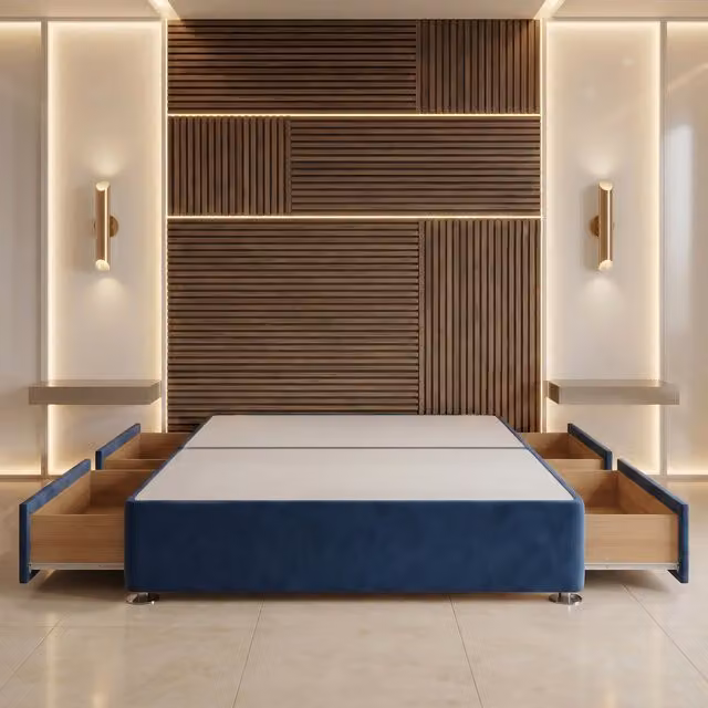Somnior Beds Ltd Navy Blue Plush Velvet Upholstered Divan Bed Base with 4 Drawers, W/D/H: 180 x 200 cm