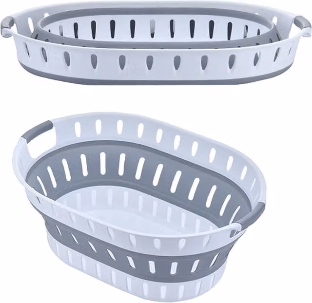 Neel Blue Collapsible Oval Plastic Laundry Basket with Handles, 36L, Grey and Blue – 1