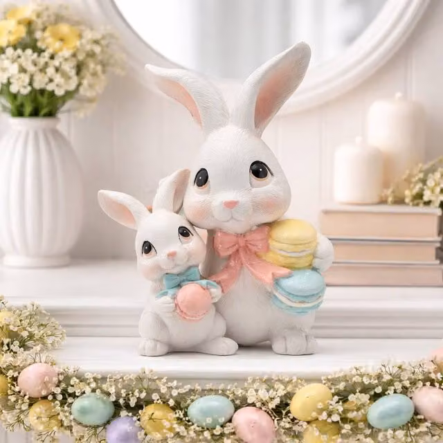Eggs-traordinary Gift Co Easter Bunny Mum and Baby Tabletop Decoration in Multicolour and White