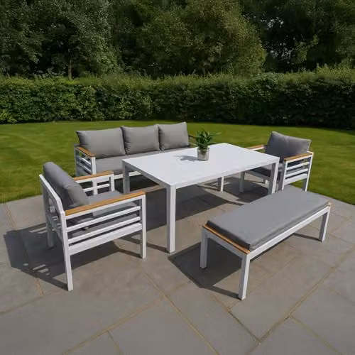 SHATCHI 6 Seater Modern Aluminium Garden Furniture Set with Rectangular Dining Table in White and Grey – 2
