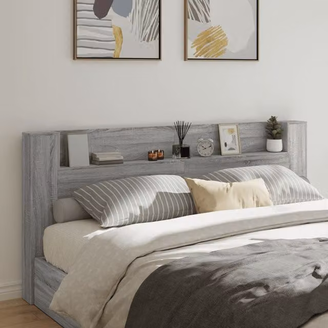 Berkfield Home Modern Wall Mount Headboard Cabinet with LED Lighting and USB Charging Port in Grey Sonoma, W: 220 cm, D: 16.5 cm, H: 103.5 cm