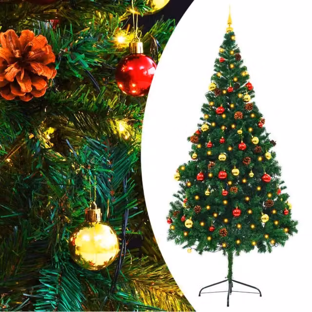 Berkfield Home Artificial Pre-lit Christmas Tree with Baubles, Green, Height: 210 cm