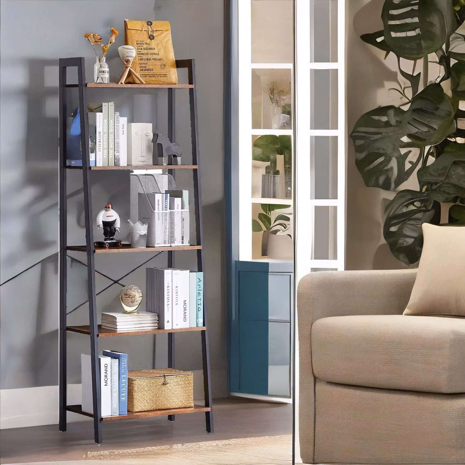 Rafaelo Mobilia 5 Tier Free Standing Ladder Shelf for Living Room Storage, Rustic Brown, H 171.0 x W 60.0 x D 39.5 cm – 3