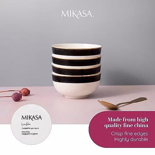 Mikasa Luxe Deco 4pc Bone China Cereal Bowl Set in White, Black and Gold with Geometric Design, Diameter: 14 cm – 4