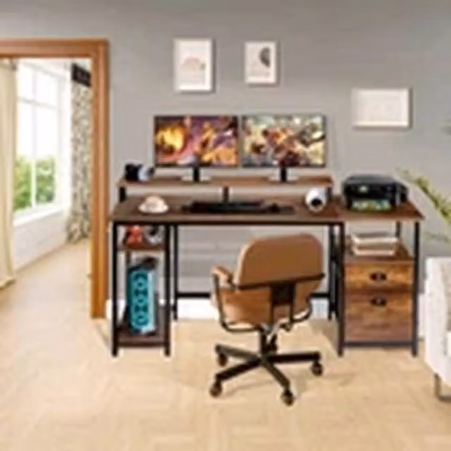 EONLION Brown Gaming Desk with LED Lights, W: 156 cm, D: 48 cm, H: 75 cm