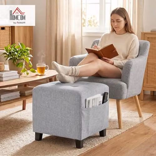 HOMCOM Small Square Fabric Ottoman Footstool in Grey, W/D/H: 35 x 35 x 35 cm – 2