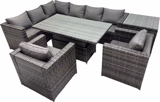 Fimous 8-Seater Rattan Corner Sofa Set with Height-Adjustable Glass Top Dining Table in Dark Grey