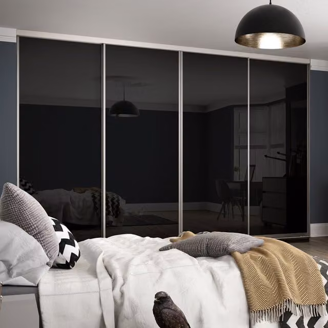 Spacepro Contour Sliding Wardrobe Door Kit with Silver Frame and Black Glass, 762mm