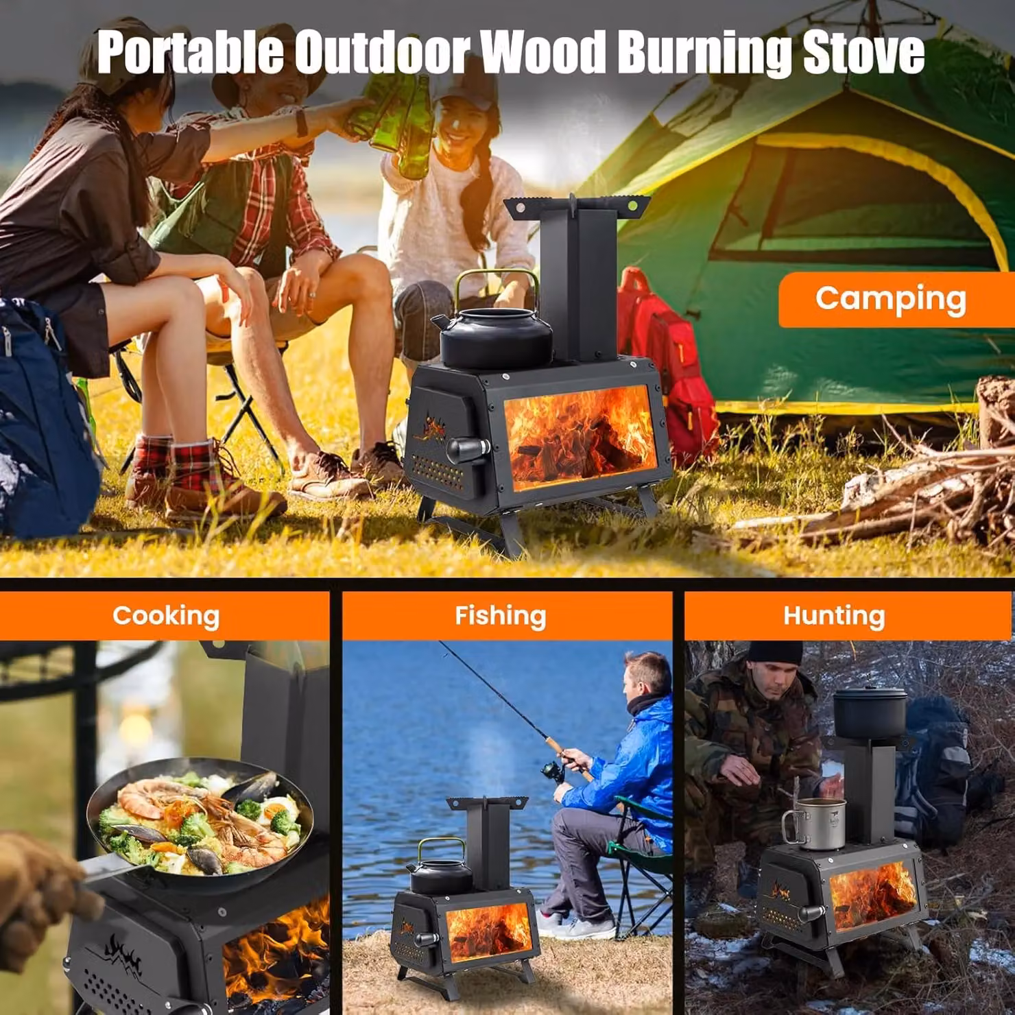 Gymax Portable Wood Burning Camping Stove Heater with 2 Cooking Positions, Black, W/D/H: 37.0 x 28.0 x 20.0 cm – 3