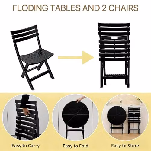 Alivio 3-Piece Folding Bistro Set with Round Table and 2 Chairs in Matt Black Metal – 7