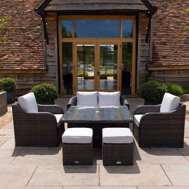 Primrose Living Classic Rattan 6 Seater Sofa Set with Rising Coffee Table in Stone, Beige and Grey