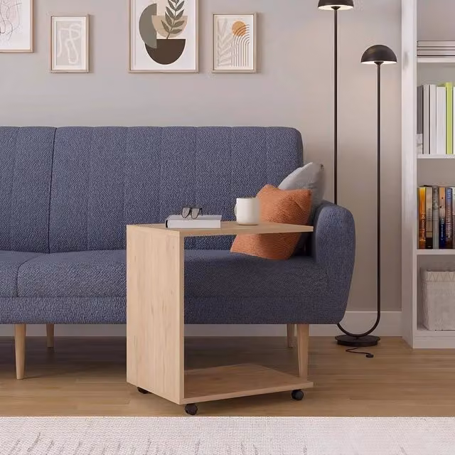 FORGEVIO Mobile Sofa Laptop Table with Castors, Brown Oak Finish, H 80.0 cm x W 65.0 cm