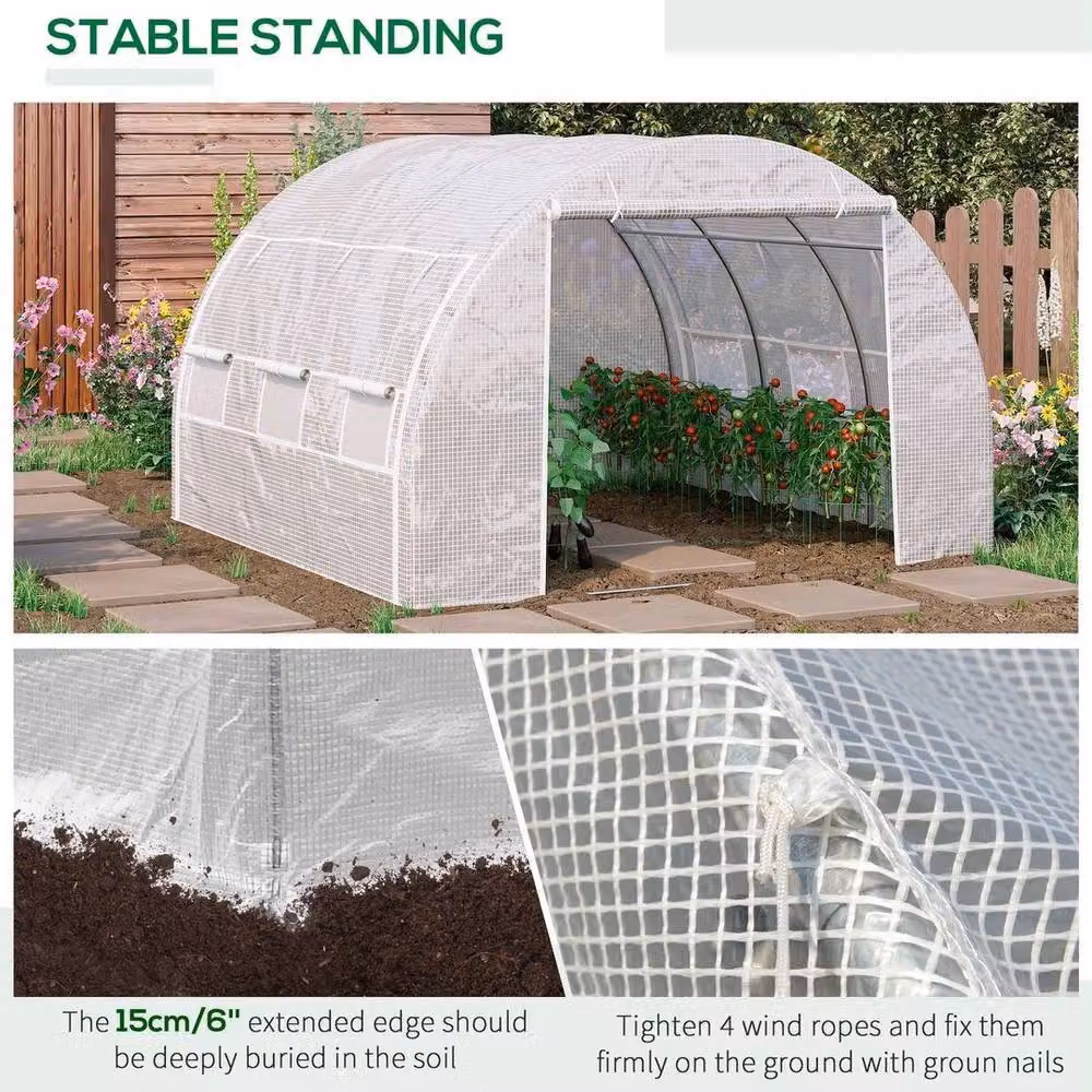FLAVORA White Polytunnel Greenhouse Tent with Windows and Galvanised Steel Frame, 3 x 3 m – 4