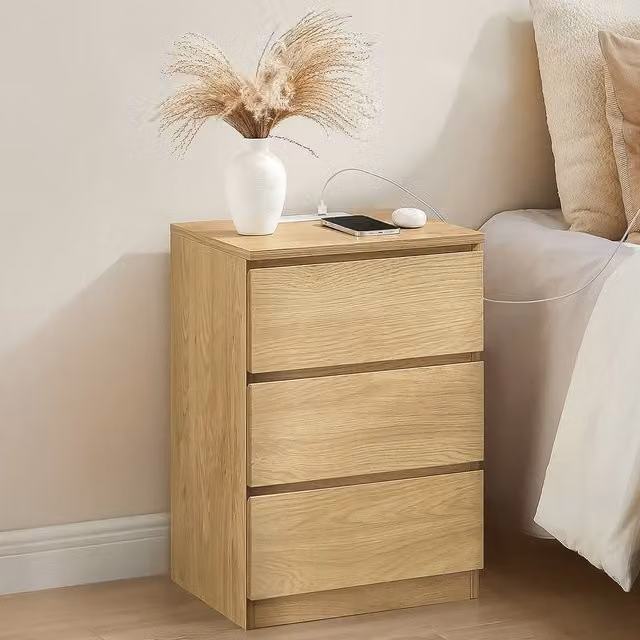 VASAGLE Bedside Table with Power Strip and Drawers, Yellow and White