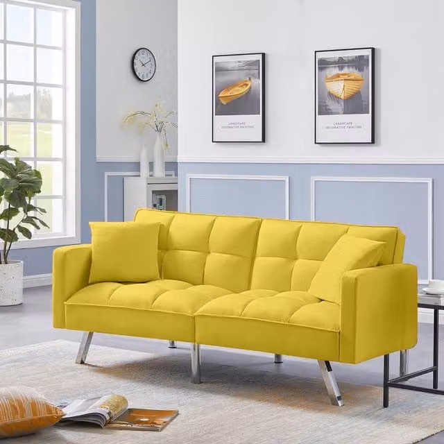 Kosy Koala 2 Seater Yellow Velvet Click Clack Sofa Bed with Scatter Cushions, W/D/H: 99 x 167 x 75 cm