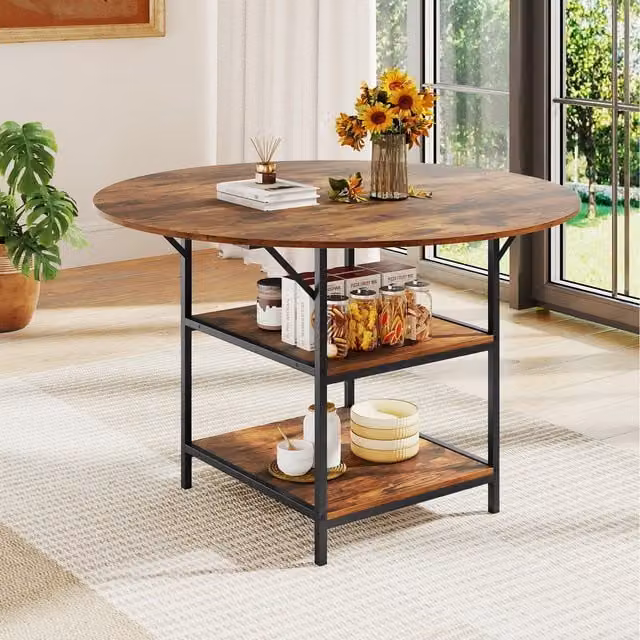 Costway Mid-Century Modern Round Wooden Kitchen and Dining Room Table in Brown