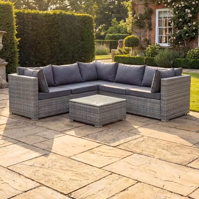 Artemis Home Oliena 5 Seat Modular L-Shaped Corner Garden Furniture Set in Grey Polyrattan with Cushions – 1