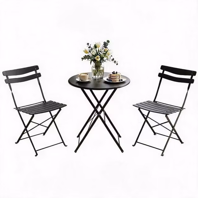 London Boutique 3-Piece Metal Bistro Set with Round Table and 2 Chairs in Matt Black