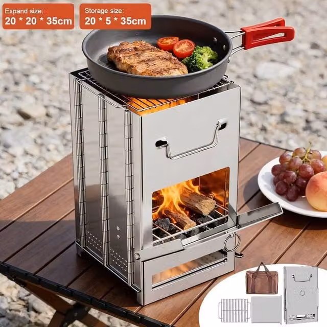 EONLION Portable Folding Stainless Steel Outdoor Camping BBQ Stove in Silver, W: 100 cm – 1